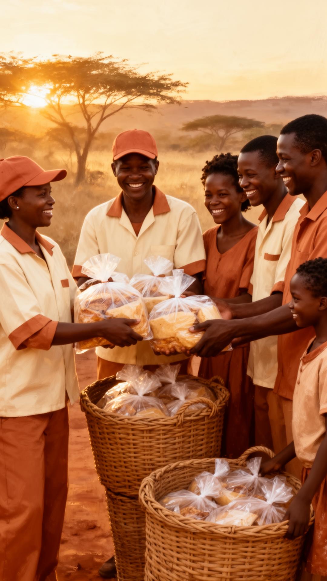 Volunteers sharing food with smiling children in a South African community
